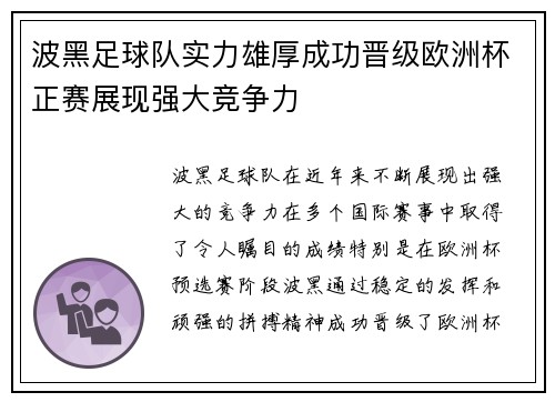 波黑足球队实力雄厚成功晋级欧洲杯正赛展现强大竞争力