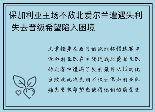保加利亚主场不敌北爱尔兰遭遇失利 失去晋级希望陷入困境