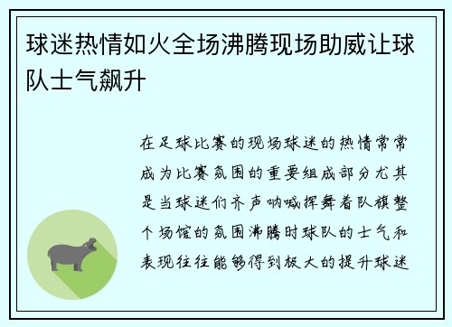 球迷热情如火全场沸腾现场助威让球队士气飙升