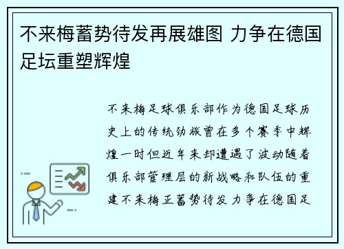 不来梅蓄势待发再展雄图 力争在德国足坛重塑辉煌