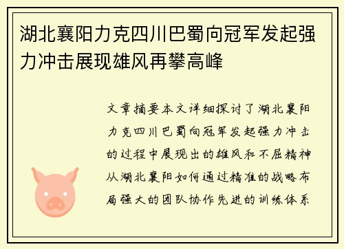湖北襄阳力克四川巴蜀向冠军发起强力冲击展现雄风再攀高峰