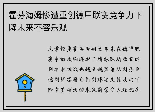 霍芬海姆惨遭重创德甲联赛竞争力下降未来不容乐观