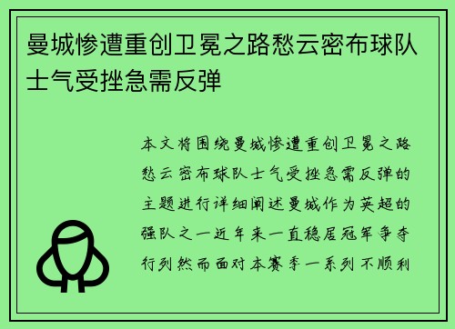 曼城惨遭重创卫冕之路愁云密布球队士气受挫急需反弹