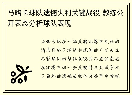 马略卡球队遗憾失利关键战役 教练公开表态分析球队表现