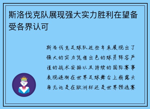 斯洛伐克队展现强大实力胜利在望备受各界认可